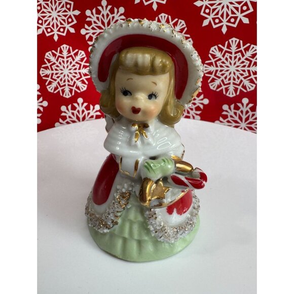 Vintage Lefton Christmas Bell Girl With Bonnet Candy Cane Hand Signed Japan - Picture 1 of 6